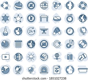 Blue tint and shade editable vector line icon set - no laptop vector, ticket office, globe, 24 hours, mobile sign, computer, document reload, pills, diet, pill, earth, pie graph, table, social, time