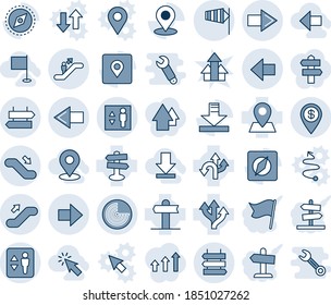Blue tint and shade editable vector line icon set - elevator vector, escalator, signpost, right arrow, left, radar, up, down, sign post, side wind, route, pin, download, place tag, compass, dollar