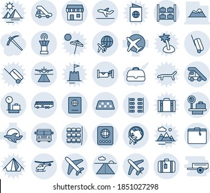 Blue tint and shade editable vector line icon set - plane vector, runway, taxi, suitcase, airport bus, passport, ladder car, helicopter, seat map, luggage storage, scales, globe, tower, departure