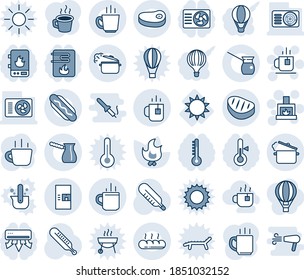 Blue tint and shade editable vector line icon set - hot cup vector, tea, coffee machine, fireplace, fire, thermometer, sun, air conditioner, bread, steak, dog, steaming pan, turkish, water heater