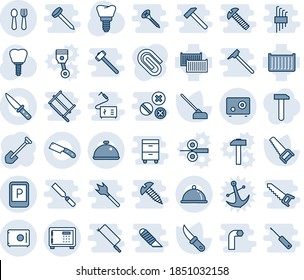 Blue tint and shade editable vector line icon set - safe vector, parking sign, spoon and fork, job, saw, hoe, garden knife, implant, cargo container, paper clip, dish, work, anchor, piston, hammer