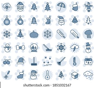 Blue tint and shade editable vector line icon set - umbrella vector, storm cloud, christmas tree, gift, bow, santa claus, sock, glove, ball, snowflake, snowman, calendar, hat, snowball house, sale