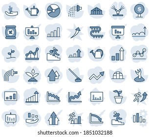 Blue tint and shade editable vector line icon set - growth statistic vector, seedling, watering can, sproute, hoe, greenhouse, fertilizer, drip irrigation, statistics, bar graph, pie, point, crisis