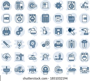 Blue tint and shade editable vector line icon set - coffee machine vector, washer, metal detector gate, travolator, fork loader, snowmobile, ripper, tomography, mri, atm, printer, copier, crane