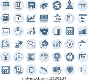 Blue tint and shade editable vector line icon set - crisis graph vector, statistics, receipt, calculator, yen, bitcoin, big cash, safe, insurance, atm, money search, account statement, report, bar