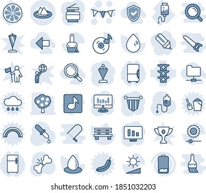 Blue tint and shade editable vector line icon set - flag garland vector, pennant, statistic monitor, water drop, bench, dropper, broken bone, counter, lemon slice, traffic light, low battery, themes