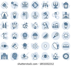 Blue tint and shade editable vector line icon set - sun vector, taxi, baggage, garland, candle, snowball tree, brainstorm, bulb, fire, garden light, eye, torch, bank, money, desk lamp, fireplace