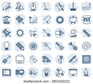 Blue tint and shade editable vector line icon set - right arrow vector, ladder car, trap truck, presentation board, drawing pin, bulb, job, pencil, garden fork, shovel, rake, well, broken bone, sun