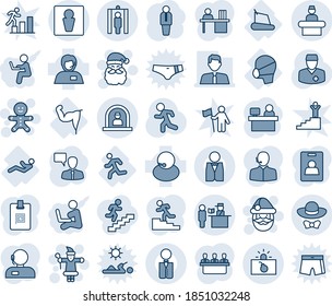 Blue tint and shade editable vector line icon set - male vector, reception, passport control, metal detector gate, terrorism, santa claus, cake man, manager, speaking, place, run, doctor, power hand