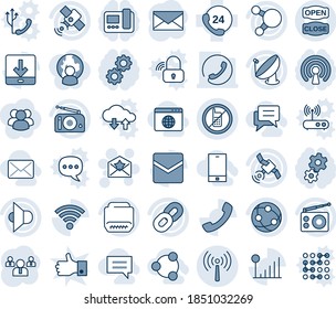 Blue tint and shade editable vector line icon set - antenna vector, no mobile, star letter, mail, team, 24 hours, satellite, radio, speaker, network, share, chain, hdmi, call, download, wireless