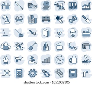 Blue tint and shade editable vector line icon set - 24 hours vector, office chair, desk, job, trowel, wheelbarrow, hoe, sickle, bench, settings, coffee, copybook, paper clip, building, bar graph, hr