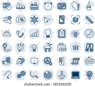 Blue tint and shade editable vector line icon set - ticket vector, alarm clock, phone, office binder, brainstorm, bulb, greenhouse, heart diagnosis, term, sorting, heavy scales, laptop pc, mobile