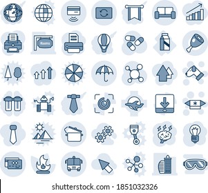 Blue tint and shade editable vector line icon set - airport bus vector, insurance, vip waiting area, candy, dog, brainstorm, bulb, printer, fire, molecule, pills, milk, plane, download, eye id, ham