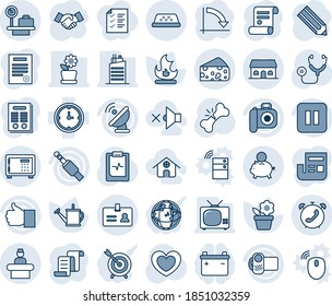 Blue tint and shade editable vector line icon set - reception vector, identity, safe, luggage scales, taxi, phone alarm, handshake, contract, crisis graph, pencil, flower in pot, watering can, fire