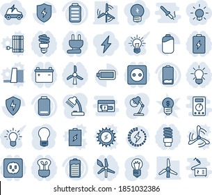 Blue tint and shade editable vector line icon set - bulb vector, battery, low, protect, charge, desk lamp, windmill, socket, power plug, energy saving, idea, lightning, electric car, business