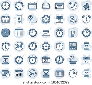 Blue tint and shade editable vector line icon set - 24 around vector, alarm clock, flight table, hours, phone, schedule, 25 dec calendar, 31, christmas mobile, heavy scales, stopwatch, manager, sand