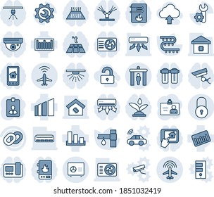 Blue tint and shade editable vector line icon set - plane radar vector, security gate, safe, lock, identity card, drip irrigation, sorting, barcode, chain, root setup, air conditioner, smart home
