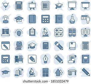 Blue tint and shade editable vector line icon set - contract vector, book, calculator, graduate, abacus, desk, notepad, presentation board, pencil, microscope, bladder, notes, copybook, ink pen, hat