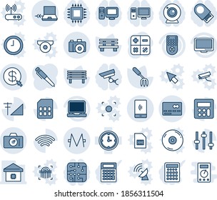 Blue tint and shade editable vector line icon set - credit card vector, camera, notebook connect, calculator, garden fork, bench, clock, remote control, monitor, laptop pc, tuning, sim, wireless, cd