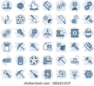 Blue tint and shade editable vector line icon set - airport tower vector, travolator, building, gear, factory, sickle, flammable, oil barrel, reel, low battery, root setup, sun panel, water heater