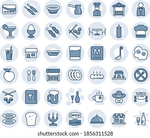 Blue tint and shade editable vector line icon set - spoon and fork vector, cafe, wine, waiter, cook, dish, hat, card, menu, drink, cocktail, phyto bar, beer, plates, egg stand, bread, building, bowl