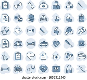 Blue tint and shade editable vector line icon set - bed vector, hotel, heart pulse, doctor case, diagnosis, stethoscope, pills, ampoule, scalpel, tomography, ambulance car, hospital, stomach, bag