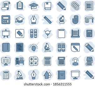 Blue tint and shade editable vector line icon set - book vector, calculator, graduate, abacus, desk, notepad, presentation board, pencil, contract, microscope, lab, bladder, notes, copybook, ink pen