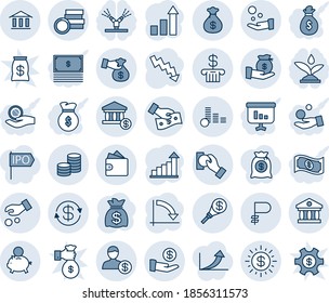 Blue tint and shade editable vector line icon set - growth statistic vector, money bag, crisis graph, ruble, coin, dollar exchange, sun, bank, account, piggy, investment, cash pay, encashment, torch