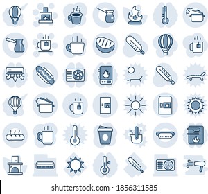 Tintes azules y sombras editables conjunto de iconos de línea vectorial - máquina de café vector, té, chimenea, fuego, termómetro, sol, aire acondicionado, pan, filete, perrito caliente, sartén, turco, calentador de agua, verde