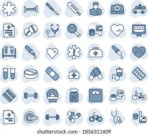 Tinta azul y sombra editable conjunto de iconos de línea vector - vector de pulso cardíaco, monitor, caso médico, diagnóstico, estetoscopio, presión arterial, vial de ensayo, cuentagotas, termómetro, diagnóstico, escalas, pastillas, coche