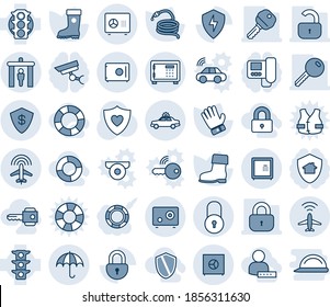 Blue tint and shade editable vector line icon set - plane radar vector, security gate, alarm car, safe, insurance, lock, glove, boot, hose, heart shield, traffic light, protect, key, locked, home