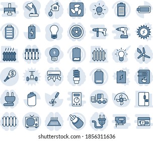 Blue tint and shade editable vector line icon set - tv vector, fork loader, bulb, ripper, battery, low, rca, charge, money torch, desk lamp, heater, fridge, home control, power plug, fan, water, sun