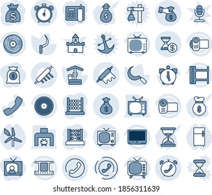 Tinta azul y sombra editable conjunto de iconos de línea vector - vector de reloj despertador, teléfono, tv, abacus, bolsa de dinero, bueno, hoz, marco de película, vinilo, cámara de video, llamada, casamiento, historial de cuenta, oficina, cuerno
