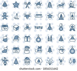 Blue tint and shade editable vector line icon set - christmas tree vector, gift, santa claus, sock, glove, ball, garland, star, candle, 25 dec calendar, cake man, snowman, hat, deer, house, firework