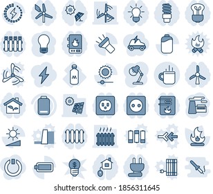 Blue tint and shade editable vector line icon set - hot cup vector, bulb, factory, fire, milk, low battery, torch, brightness, charge, desk lamp, sun panel, windmill, heater, home control, eco house