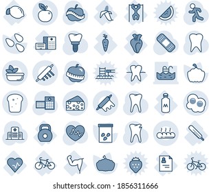 Blue tint and shade editable vector line icon set - pumpkin vector, seeds, heart pulse, patch, run, tooth, caries, implant, diet, hospital, patient card, building, thermometer, power hand, lemon