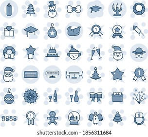 Blue tint and shade editable vector line icon set - cafe vector, christmas tree, firework, gift, bow, santa claus, ball, garland, cake man, snowman, rocket, wreath, angel, wine, glasses, elf, candle