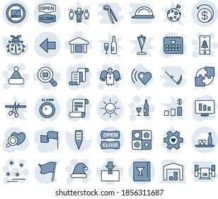 Blue tint and shade editable vector line icon set - no laptop vector, left arrow, christmas hat, angel, wine, mobile, sale, contract, statistic monitor, lady bug, plant label, heart diagnostic, beat