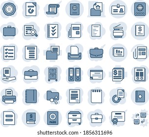 Tinta azul y sombra editable conjunto de iconos de línea vector - vector pasaporte, identidad, encuadernador de oficina, búsqueda de documentos, bloc de notas, recarga, sello, impresora, recibo, carpeta, noticias, informe anual, estadísticas, caso