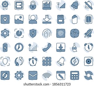 Blue tint and shade editable vector line icon set - call vector, menu, update, mobile camera, gallery, protect, settings, themes, calculator, clock, alarm, bell, mail, scanner, sd, sim, notes, mute