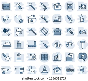 Blue tint and shade editable vector line icon set - airport building vector, road cone, baggage room, office, trowel, shovel, wheelbarrow, saw, house, with garage, tree, plan, estate document, city