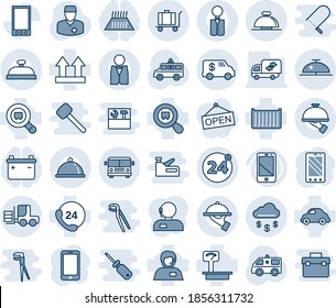 Blue tint and shade editable vector line icon set - airport bus vector, 24 around, reception bell, baggage, client, fork loader, mobile phone, ambulance car, doctor, hours, support, cargo container