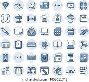 Blue tint and shade editable vector line icon set - satellite antenna vector, elevator, escalator, flight table, up, sign post, hotel, schedule, identity card, book, pen, document, pulse clipboard