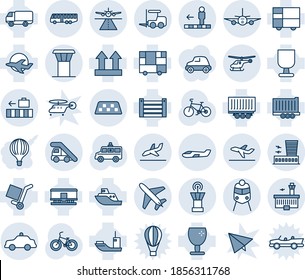 Blue tint and shade editable vector line icon set - plane vector, airport tower, runway, taxi, bus, fork loader, ladder car, helicopter, building, departure, arrival, baggage, train, travolator