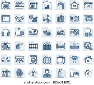 Blue tint and shade editable vector line icon set - office building vector, house, with tree, pond, pool, sun panel, windmill, water supply, fruit, garage, warehouse, fence, plan, sale, estate agent