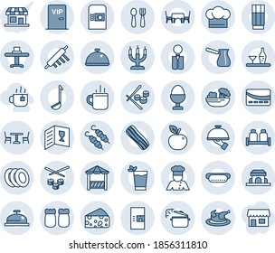 Blue tint and shade editable vector line icon set - hot cup vector, cafe, coffee machine, spoon and fork, waiter, cook, dish, alcohol, restaurant table, hat, wine card, reception, drink, phyto bar