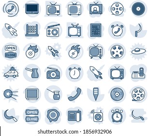 Blue tint and shade editable vector line icon set - alarm clock vector, tv, phone, abacus, stamp, sickle, plant label, reel, vinyl, flame disk, radio, call, office, open close, turkish coffee, horn