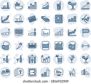 Blue tint and shade editable vector line icon set - security gate vector, wine, growth statistic, monitor, barbell, statistics, barcode, equalizer, scanner, bar graph, alcohol, card, drink, cocktail