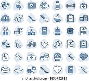 Blue tint and shade editable vector line icon set - bed vector, medical room, first aid, heart pulse, doctor case, diagnosis, stethoscope, blood pressure, pills, ampoule, scalpel, tomography, kit