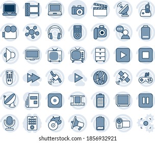 Blue tint and shade editable vector line icon set - camera vector, satellite antenna, clapboard, film frame, archive chest, flame disk, speaker, loudspeaker, tv, gamepad, video, microphone, network